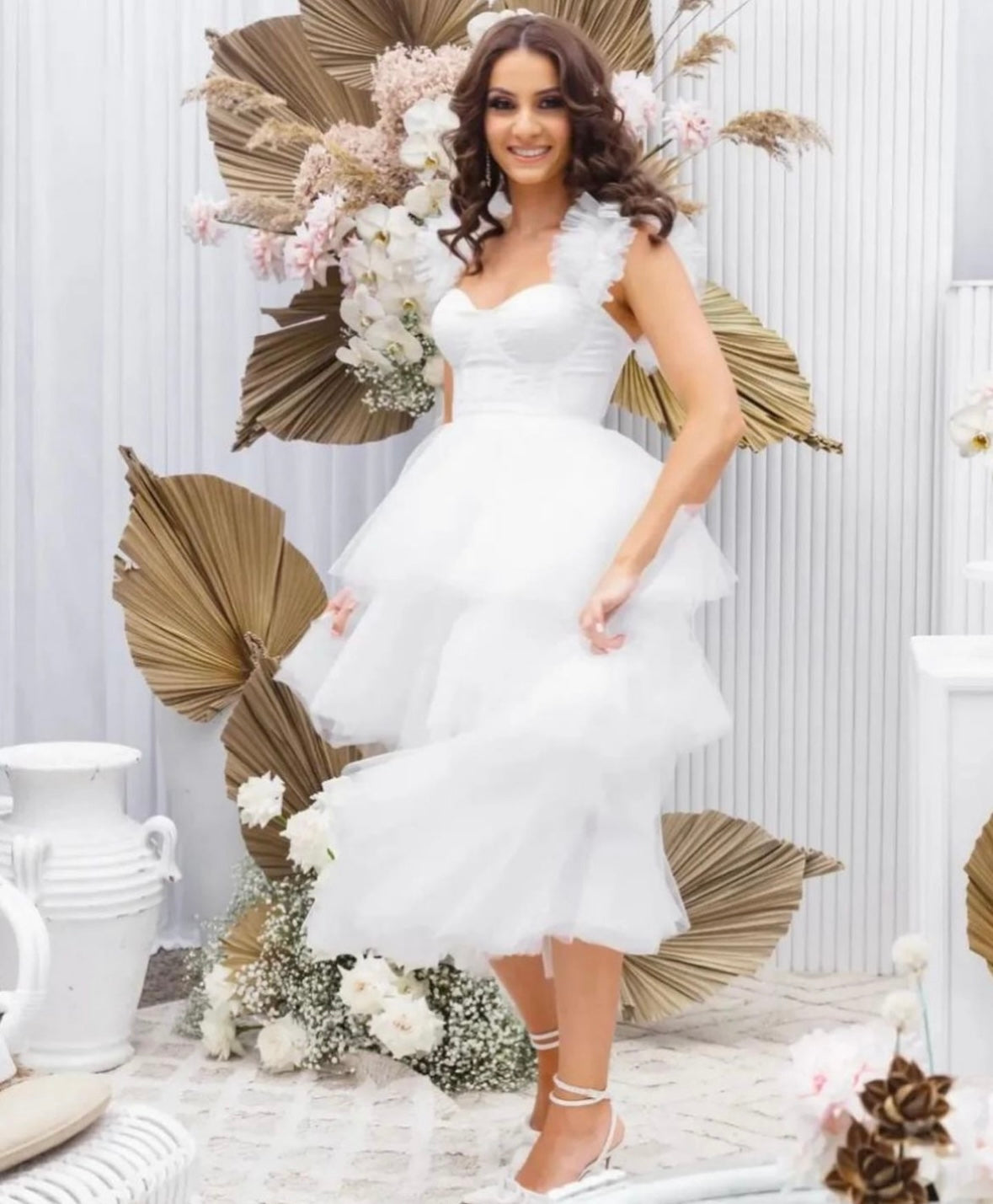 Elle Zeitoune Mason White Dress with Custom Frill on Sleeve